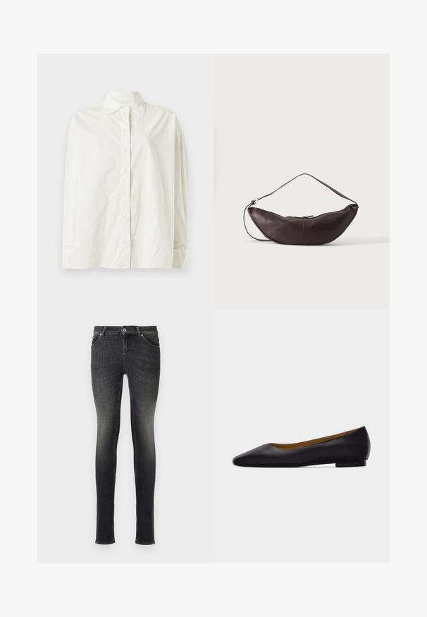 CLOSED CAPE SHIRT - Paitapusero - white; Tummanpesun skinny-farkut, joissa on haalistunut gradientti. Farkuissa on viisi taskua, nappikiinnitys ja ompeluyksityiskohdat saumoissa.; Musta nahkainen, kärjestä terävä tasainen kenkä, jossa on matala kanta ja sileä pinta, kuvattuna sivulta vaaleanharmaalla taustalla.; Tummanruskea nahkainen puolikuunmuotoinen olkalaukku, jossa on kaareva hihna ja näkyvät tikkauskohdat yksivärisellä taustalla.
