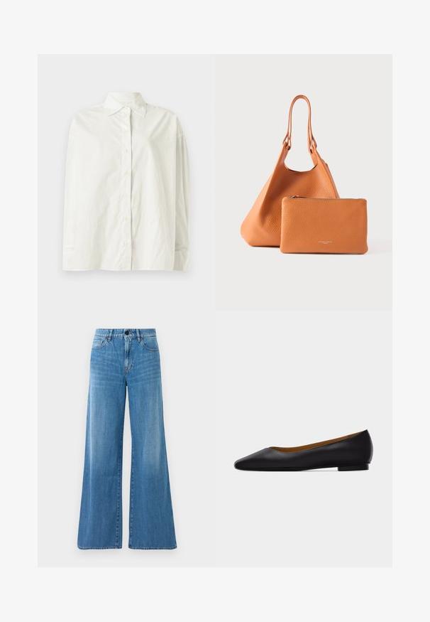 CLOSED CAPE SHIRT - Chemisier - white; Jeans en denim bleu taille haute avec une coupe large, fermeture à bouton à l'avant, fermeture éclair et poches avant et arrière.; Chaussure plate en cuir noir à bout pointu avec talon bas et finition lisse, vue de côté sur un fond gris clair.; Sac cabas en cuir orange avec une finition texturée et deux poignées, accompagné d'une pochette zippée assortie. Les deux articles sont lisses et minimalistes.