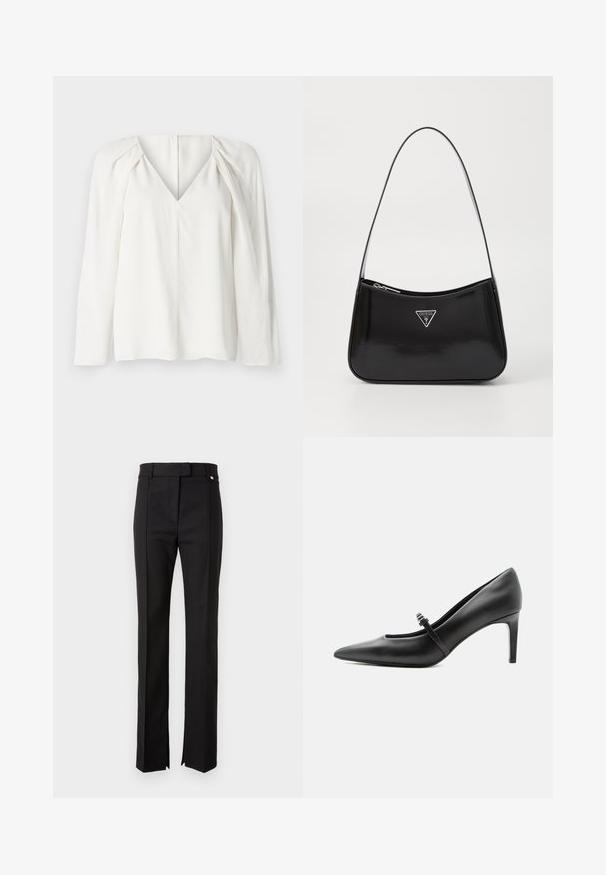 Blusa blanca de manga larga con un profundo escote en V, con detalles plisados en los hombros y un dobladillo recto. Tejido suave con un brillo sutil.; Pantalones negros ajustados con un diseño de pierna recta, que cuentan con una cinturilla con cierre de botón y aberturas en los laterales del dobladillo.; Zapato de tacón alto de cuero negro con punta puntiaguda, con tira fina y hebilla sobre el empeine, sobre fondo claro y neutro.; Bolso de hombro de charol negro con forma curva, que presenta un logotipo triangular plateado y un cierre de cremallera. Textura suave y correa delgada.