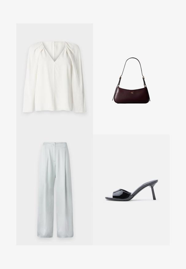 Blusa blanca de manga larga con un profundo escote en V, con detalles plisados en los hombros y un dobladillo recto. Tejido suave con un brillo sutil.; Pantalones de pierna ancha color gris claro con una textura suave, que cuentan con un cierre de botón en la parte frontal y un diseño plisado para mayor detalle.; Sandalias de tacón con punta abierta de charol negro, con un diseño superior curvado y tacón de aguja cónico. Acabado liso y brillante.; Bolso de mano de cuero burdeos oscuro con una delgada correa negra para el hombro y pequeño logo dorado "cK" en el centro delantero.