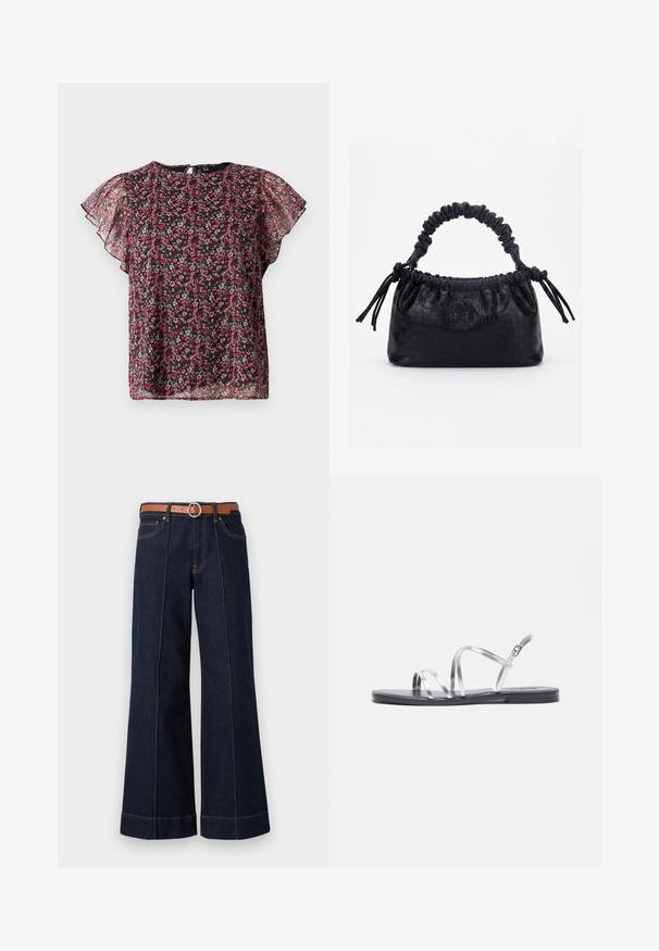 Sort gennemsigtig bluse med rødt og pink blomsterprint og flagrende ærmer, som har en rund halsudskæring og knaplukning med nøglehul bagpå.; Mørkeblå denim wide-leg jeans med høj talje, brun bælte og synlige syningsdetaljer. Har forlommer og en afslappet pasform.; Sølv strappy sandaler med en flad sort sål, der har tynde metalliske remme og en justerbar ankelspænde. Glat tekstur hele vejen igennem.; Sort taske med krokodilletekstur, rynket øverste kant, samlet hank og snore med kvaster på hver side mod en hvid baggrund.