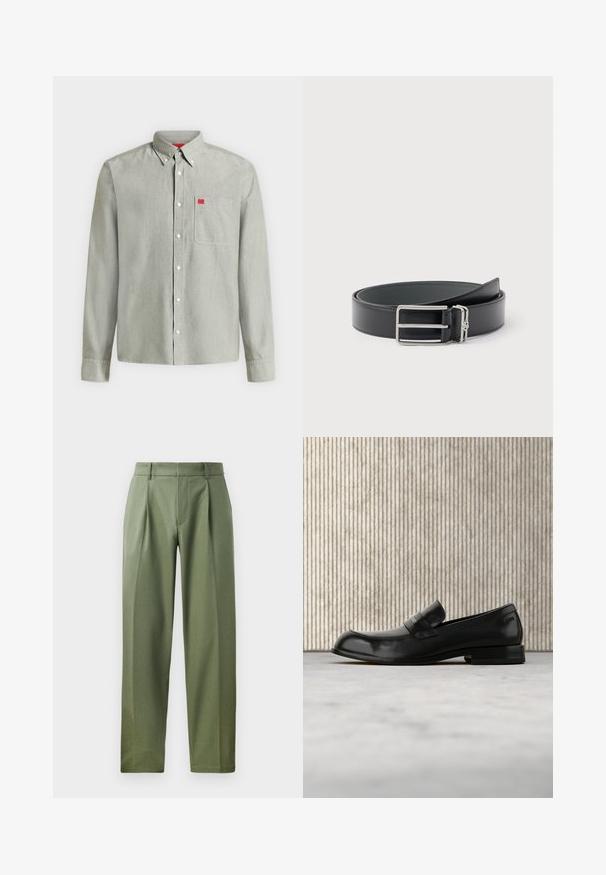 Camisa gris clara de manga larga con botones, con un bolsillo en el pecho delantero y una pequeña etiqueta roja en el bolsillo, con cuello abotonado.; Pantalones a medida en tejido verde olivo con una textura suave, que cuentan con dos pliegues frontales, trabillas para el cinturón y un diseño de pierna recta.; Mocasín negro de cuero con detalle metálico, mostrado suspendido sobre una alfombra beige, con una mesa redonda de color ámbar en el fondo.; Cinturón de cuero negro con una hebilla rectangular plateada y un pequeño aro plateado adjunto, enrollado sobre un fondo blanco.