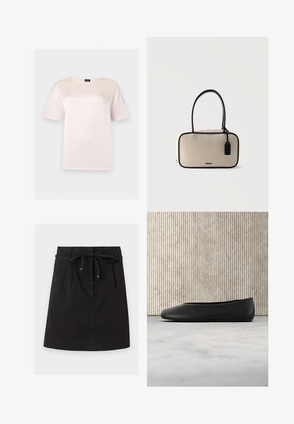 T-shirt en coton rose clair à manches courtes avec un col rond et une étiquette noire de la marque BOSS à l'intérieur du col.; Jupe noire longueur genou avec une taille nouée et de subtils plis sur le devant, confectionnée dans un tissu lisse.; Ballerine en cuir noir avec un bout arrondi, texture lisse et un accent logo doré sur le côté. Placée au-dessus d'une surface réfléchissante.; Sac à main rectangulaire beige avec bordure noire, une poignée noire, fermeture éclair et étiquette noire avec logo Hugo suspendue sur le côté.