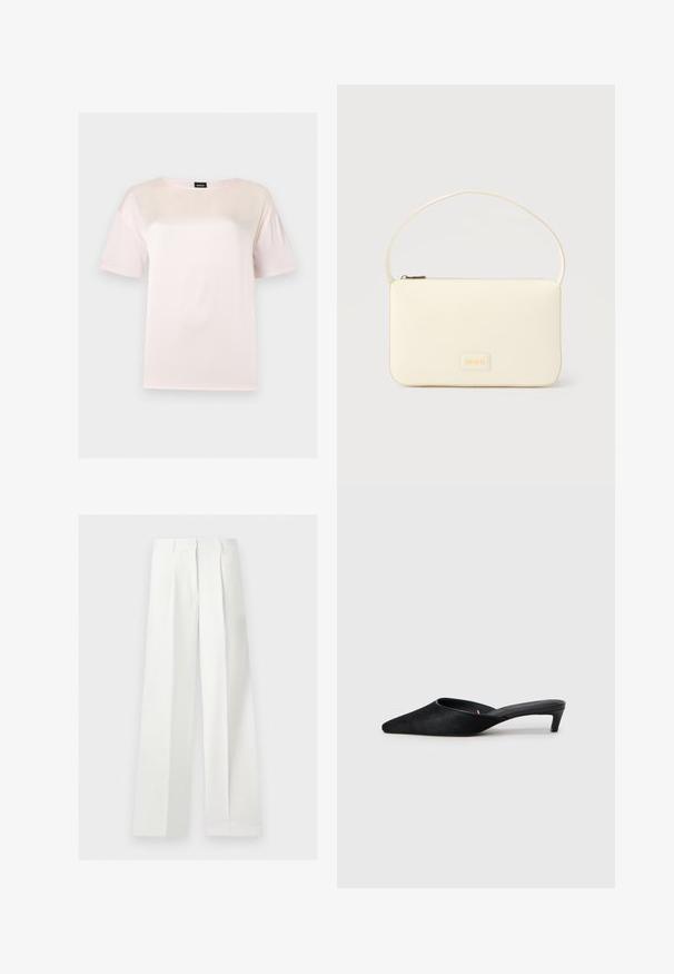 T-shirt en coton rose clair à manches courtes avec un col rond et une étiquette noire de la marque BOSS à l'intérieur du col.; Pantalon blanc taille haute à jambes larges, confectionné, avec plis devant et fermeture éclair cachée.; Mules en daim noir avec un bout pointu et un petit talon. Caractéristiques d'une texture lisse et d'un dos ouvert pour un enfilage facile. Design simple sans motifs.; Sac à main rectangulaire de couleur crème avec une seule sangle et une fermeture éclair sur le dessus, comportant une petite plaque de logo embossé à l'avant.