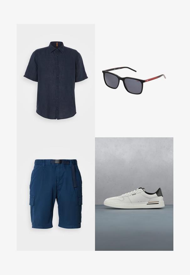 Chemise à manches courtes en lin bleu marine, avec un devant à boutons, un col pointu et un subtil accent orange au niveau du cou. Texture douce et coupe décontractée.; Shorts de travail bleu marine en tissu léger, avec une taille ceinturée, des poches latérales et une texture subtile.; Sneaker basse blanche avec talon noir, fermeture à lacets, perforations subtiles et logo "BOSS" sur le côté, vue depuis le profil extérieur.; Lunettes de soleil carrées avec monture en plastique noir et verres gris foncé. Présente des accents rouges sur les branches, avec la marque "HUGO."