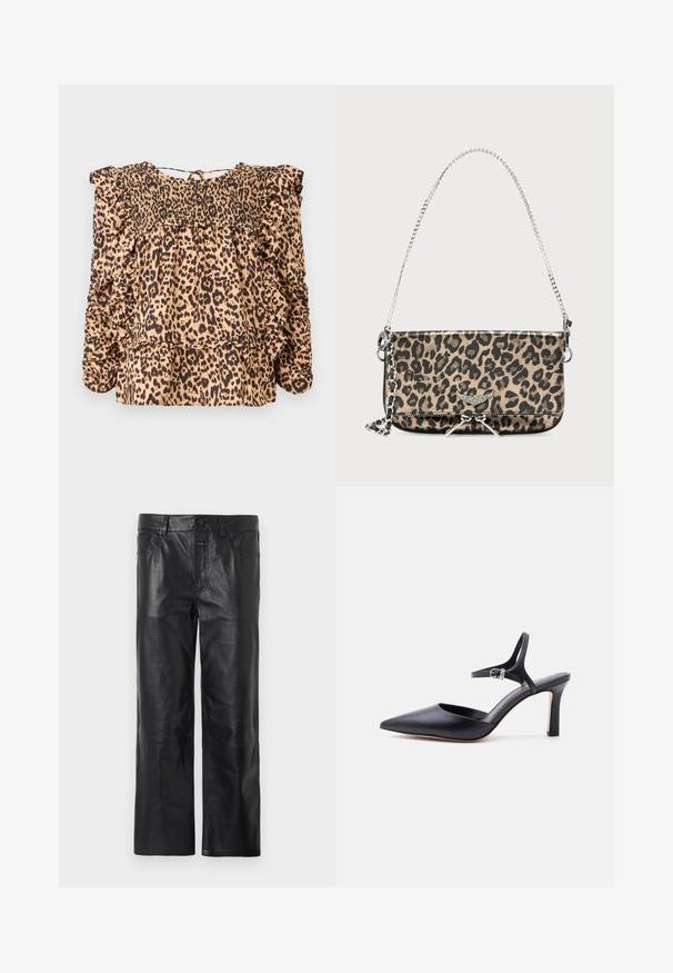 Blusa de estampado de leopardo con cuerpo fruncido, mangas con volantes y un ajuste relajado; hecha de una tela ligera en tonos beige y negro.; Pantalones de cuero negro con un diseño de pierna recta, que cuentan con una cinturilla con cierre de botón y bolsillos, textura suave y detalles de costura visibles.; Zapato de tacón alto negro con punta en punta, tira delgada en el tobillo y hebilla plateada, acabado en cuero liso, elegante zapato para mujer.; Bolso bandolera de cuero con estampado de leopardo, con una correa de cadena plateada y un detalle metálico decorativo en la parte delantera. Textura suave con patrón animal.