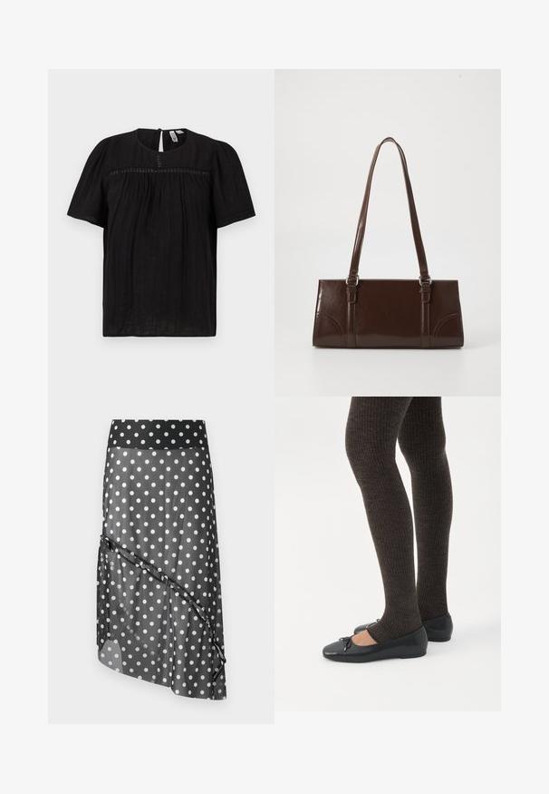 Zwarte blouse met korte mouwen, voorzien van een ronde halslijn, subtiele gestructureerde stof en een keyhole-knopsluiting aan de achterkant.; Zwarte rok met stippen en een transparante overlay, met een brede tailleband en een gelaagd, asymmetrisch ontwerp. Gladde textuur en lichtgewicht materiaal.; Benen met donkere geribbelde leggings gecombineerd met zwarte ballerina's met kleine strikdetails op een witte achtergrond.; Bruine lakleren handtas met een rechthoekige vorm, twee lange handvatten en subtiele gebogen accenten aan de voorkant.