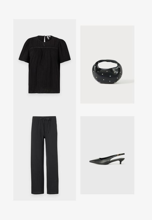 Blusa negra de manga corta con escote redondo, tela texturizada sutil y cierre con botón en forma de ojo de cerradura en la parte posterior.; Pantalones negros de corte relajado, elaborados con una tela texturizada, que cuentan con una cinturilla elástica y cordón para un ajuste ajustable.; Zapato de tacón slingback negro de punta afilada, hecho de cuero suave. Presenta un tacón delgado y un detalle de hebilla en la correa ajustable.; Bolso de mano de cuero negro con forma redondeada, decorado con detalles de tachuelas plateadas y un asa corta. Textura lisa y cierre con cremallera.