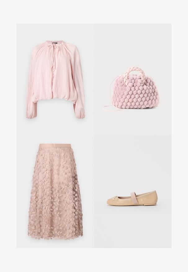 Lichtroze blouse met lange mouwen, geplooide halslijn, voorste knoopsluiting, strikdetail en elastische manchetten en zoom.; Lace midi-rok in zacht roze met bloemborduursels, voorzien van een aansluitende tailleband en gelaagd ontwerp, wat een delicate textuur benadrukt.; Nude patentleren balletflat met een ronde neus, een klein strikje aan de voorkant en een lichtroze elastische band over de wreef.; Roze pompon textuur handtas met een gevlochten handvat en een dunne schouderriem. Ronde vorm, zachte oppervlakte, compact design.