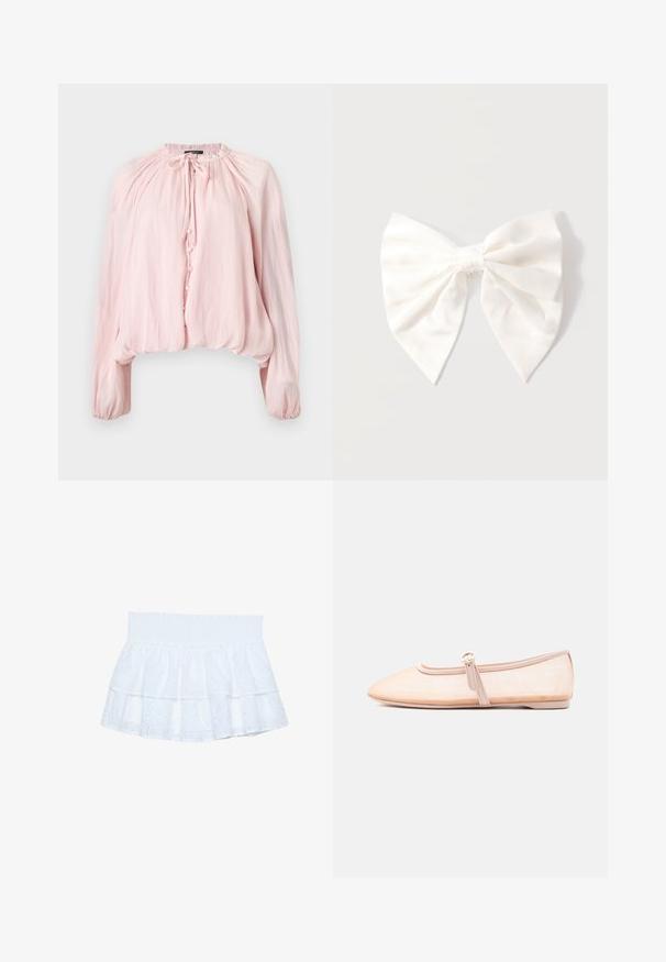 Blouse rose pâle à manches longues avec encolure froncée, fermeture par boutons sur le devant, détail à nouer, poignets et ourlet élastiqués.; Jupe blanche à volants en coton brodé avec une taille smockée. Présente des volants superposés et des motifs en œillets tout au long.; Chaussure plate beige clair avec un bout pointu et une bride latérale avec boucle, présentée sur un fond blanc uni.; Nœud à cheveux en tissu crème avec un petit charme en forme de couronne argentée au nœud, présenté sur un fond gris clair.