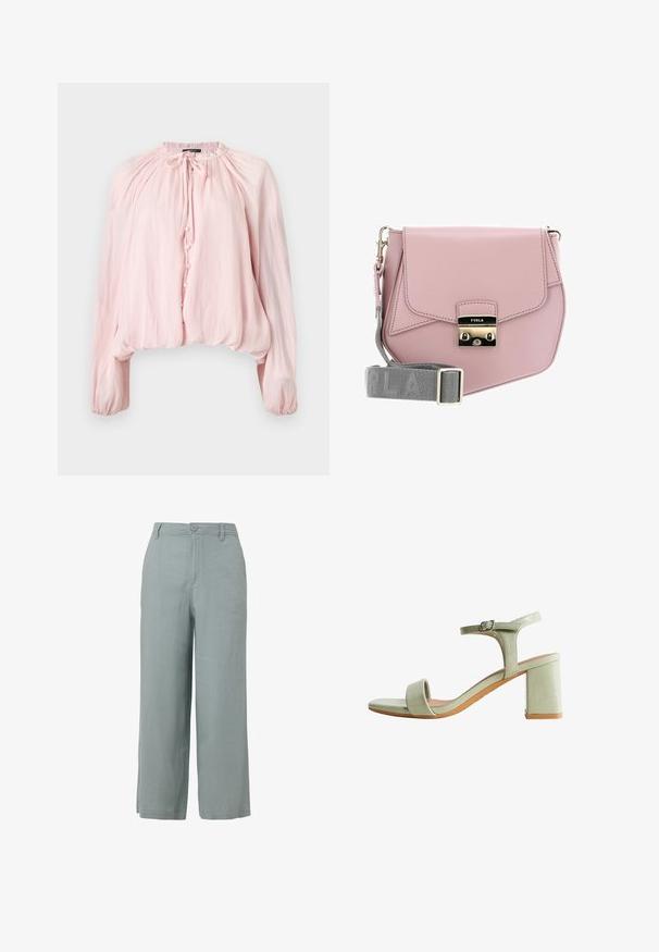 Blusa de manga larga en rosa claro con escote fruncido, cierre delantero de botones, detalle de lazo y puños y dobladillo elásticos.; Pantalones de pierna ancha de color gris claro, confeccionados en una tela suave, con cierre de botón frontal y dos bolsillos laterales.; Sandalia abierta de punta en verde claro, con tacón cuadrado, correa en el tobillo y cierre de hebilla, vista lateral sobre fondo blanco.; Bolso cruzado de cuero rosa con cierre de solapa, hardware plateado y una correa gris con el nombre de la marca. Textura suave, diseño minimalista.