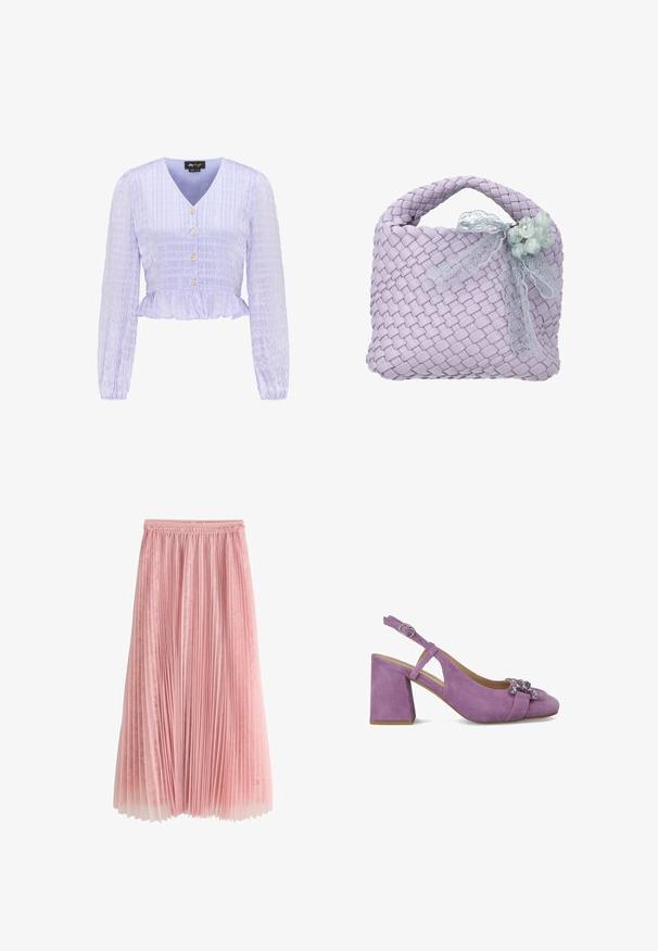 Lavendelkleurige blouse met lange mouwen, V-hals, gestructureerd ruitpatroon, vier knopen aan de voorkant en een gerimpelde zoom.; Roze geplooide midi-rok met een kanten onderlaag en een geplooide tailleband, getoond op een witte achtergrond.; Paarse suedine slingback schoenen met een blokhak, uitgerust met een strik en versieringen op de teen. Verstelbare band voor een veilige pasvorm.; Lavendelkleurige geweven handtas met gevlochten handvat, versierd met een doorschijnend kanten lint en een cluster van lichtgroene kralen.