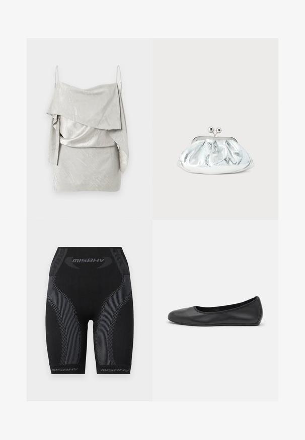 Mini-robe en satin gris clair avec fines bretelles, encolure drapée asymétrique et subtil motif de texte imprimé sur toute la surface.; Shorts de sport noirs avec une coupe ajustée, un tissu texturé, des rayures verticales grises et le logo "MISBHV" au bas.; Ballerines en cuir noir avec un bout rond, texture lisse, détails de couture minimalistes et design de semelle flexible.; Petit sac pochette métallique argenté avec un design arrondi et froncé, fermeture à clip avec deux boules argentées.