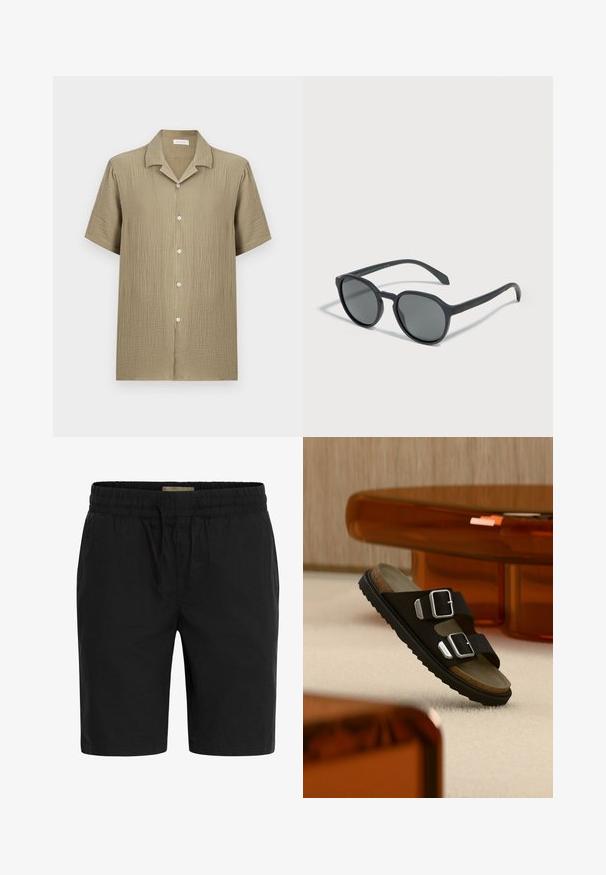 Chemise marron clair à manches courtes avec boutons, tissu texturé et col pointu, présentée sur un fond uni.; Shorts noirs en tissu léger, dotés d'une taille élastique avec cordon de serrage et de poches latérales pour plus de commodité.; Sandale noire avec deux boucles argentées et semelle intérieure en liège flottant au-dessus d'un tapis beige, avec un mobilier ambre translucide en arrière-plan.; Lunettes de soleil rondes noires avec des verres teintés foncés reposant sur une surface claire, projetant une ombre douce.