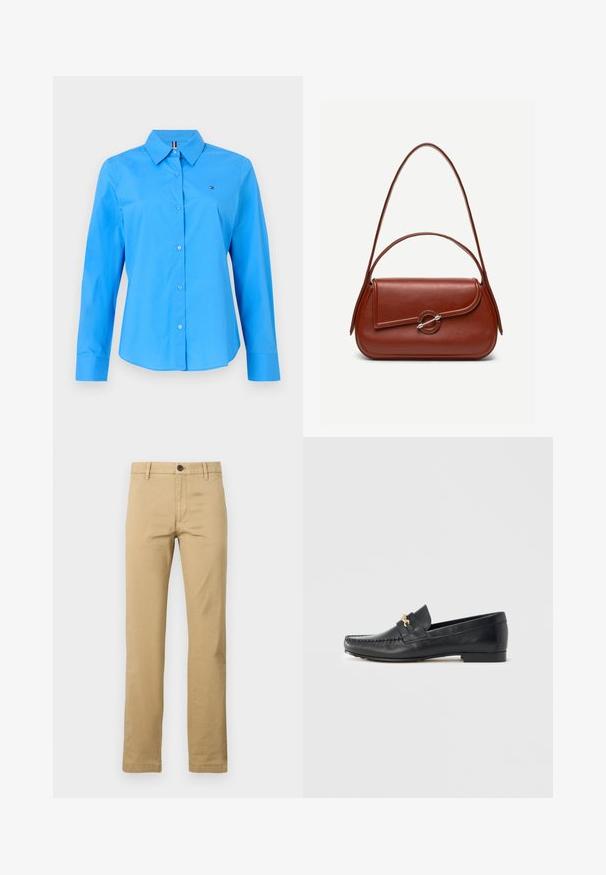 Chemise bleu clair à manches longues, à col, avec un petit logo sur la poitrine. Fabriquée en tissu tissé lisse.; Chinos khaki en coton, avec une coupe droite, deux poches avant, une fermeture à bouton unique et des passants de ceinture, avec une texture lisse.; Mocassin en cuir noir avec garniture décorative en métal doré, coutures apparentes, bout légèrement pointu et semelle plate et minimaliste.; Sac à bandoulière en cuir marron de forme rectangulaire arrondie, rabat asymétrique, fermoir circulaire argenté et deux fines bretelles.