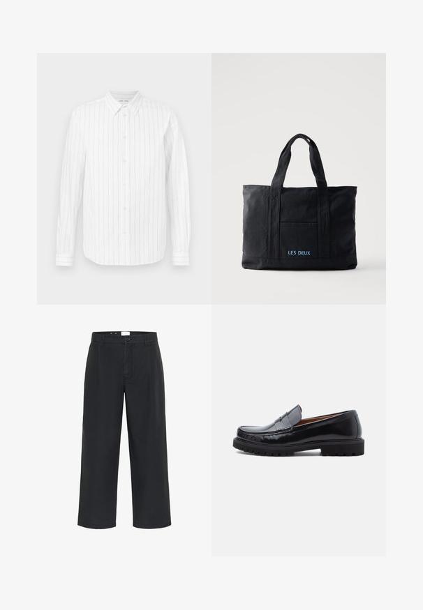 Camisa de manga larga blanca con rayas verticales grises, cuello abotonado, botones delanteros y mangas con puños. Textura de tela suave.; Matinique MACHINO PLEAT 73 - Pantalones - black; Mocasines de penny de cuero negro con suela de goma gruesa y costura tipo moc, presentados de perfil sobre un fondo blanco.; Bolsa tote de lona negra con dos asas, bolsillo frontal y "LES DEUX" bordado en azul en el bolsillo delantero.