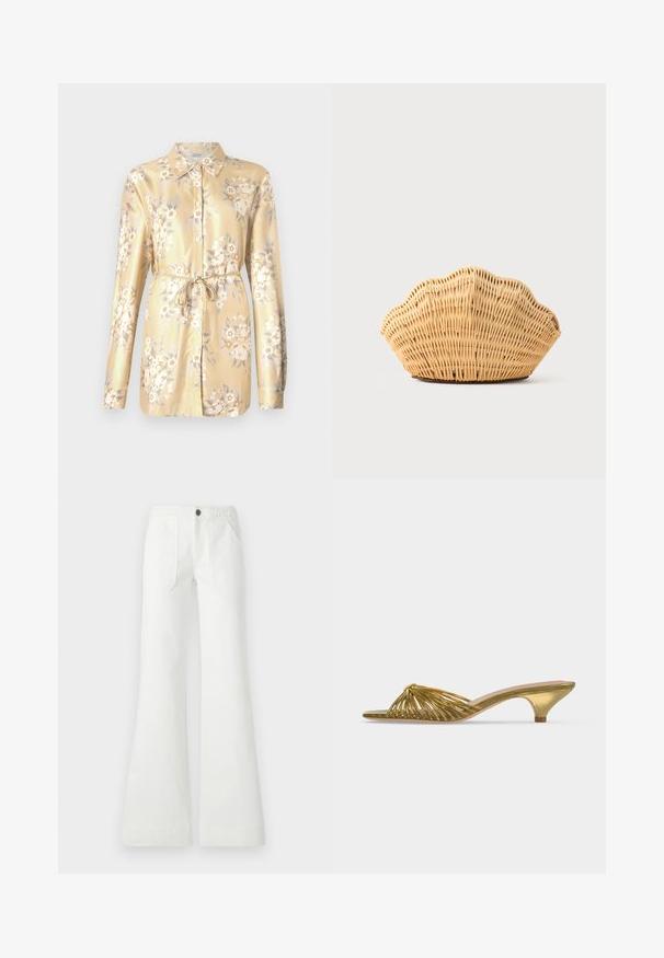 Chemise en satin léger jaune clair à imprimé floral, à manches longues, avec un devant boutonné et un détail à nouer à la taille. Dotée de fleurs blanches et beiges et de feuilles vertes.; Pantalon évasé blanc en tissu tissé, avec une ceinture tressée, deux poches avant et une texture lisse. Fermé avec un bouton noir.; Mule dorée à bout ouvert avec lanières, petit talon kitten et design noué sur fond blanc uni.; Sac à main en rotin tissé en forme de coquille Saint-Jacques de couleur brun clair naturel avec des bords arrondis et texturés.