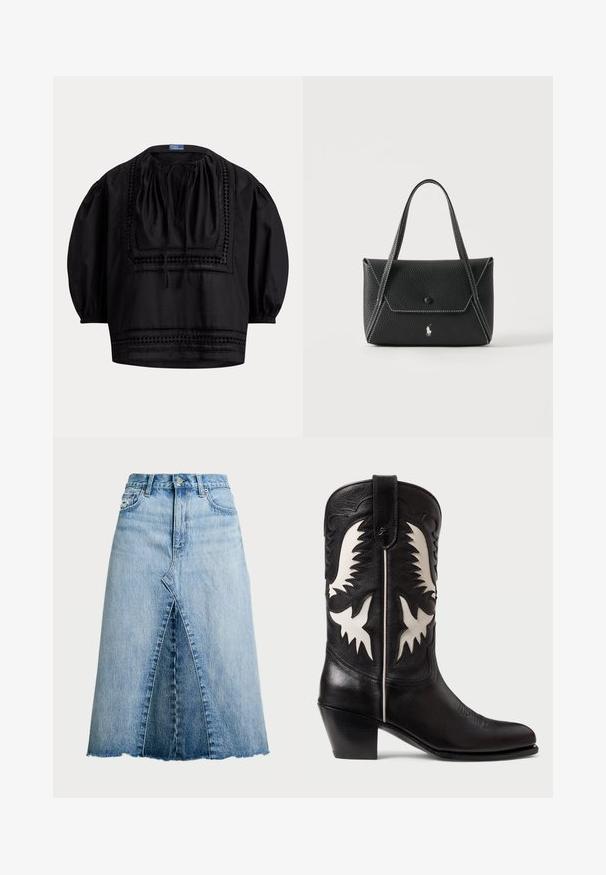 Čierna voľná blúzka s vyšívaným štvorcovým sedlom, 3/4 puf rukávmi, viazaným výstrihom a dekoratívnou lemovkou.; Polo Ralph Lauren PANELED DENIM A LINE SKIRT - sukňa v tvare A - lindale wash; Čierne kožené kovbojské topánky s bielymi ostrými akcentmi, zdobené vyšívaním, so špicatou špičkou a nízkym nasadeným podpätkom.; Čierna kožená kabelka s dvoma rúčkami, predný chlopňový uzáver s gombíkom, biele prešitie a malé logo koňa na jednofarebnom pozadí.