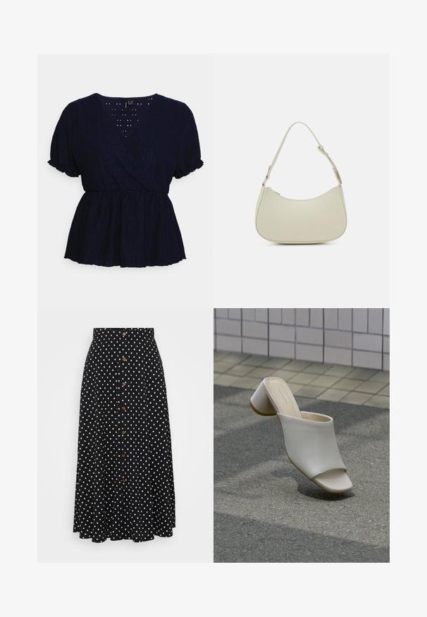 Vero Moda Petite VMULRIKKE BRODERIE ANGLAIS - Trükipildiga T-särk - navy blazer; Mustade täppidega seelik, kõrge vöökoht, nööpide eesmine kinnitamine, põlve pikkus, valmistatud sileda tekstuuriga ja peene langevusega kangast.; Üksik valge avatud varbaga mulk plokktallaga sillutatud pinnal plaaditud seina lähedal, nurga all, et näidata külg- ja ülaltvaateid.; Pieces PCALUANA SHOULDER BAG - Käekott - birch