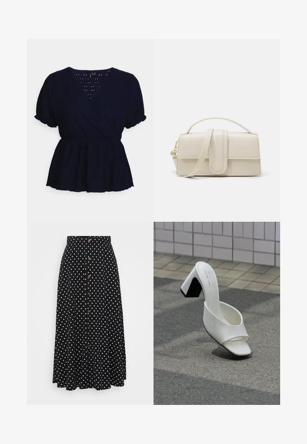 Vero Moda Petite VMULRIKKE BRODERIE ANGLAIS - Camiseta estampada - navy blazer; Falda negra con lunares, de cintura alta, cierre frontal con botones, hasta la rodilla, hecha de un tejido con una textura suave y un drapeado sutil.; Un mule blanco de punta abierta con tacón cuadrado, sobre asfalto gris frente a una pared con azulejos.; Bolso de mano de cuero color crema con forma rectangular, asa plana y correa desmontable; presenta un solapa frontal con cierre magnético.