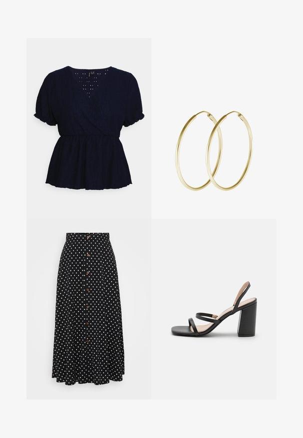 Vero Moda Petite VMULRIKKE BRODERIE ANGLAIS - Trükipildiga T-särk - navy blazer; Mustade täppidega seelik, kõrge vöökoht, nööpide eesmine kinnitamine, põlve pikkus, valmistatud sileda tekstuuriga ja peene langevusega kangast.; RAID LIBRA - Saapad - black; Kuldne rõngaskõrvarõngad, millel on sujuv ja ümar disain, ning läikiv viimistlus. Kerge konstruktsioon koos kindla klambriga.