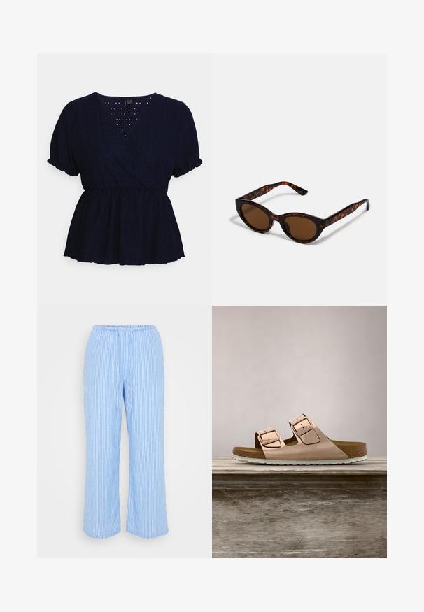 Vero Moda Petite VMULRIKKE BRODERIE ANGLAIS - T-shirt print - navy blazer; Lichtblauwe gestreepte broek, gemaakt van zachte stof, met een elastische tailleband, trekkoord en brede, cropped pijpen.; Roze-gouden slidersandalen met twee verstelbare metalen gespen, kurken voetbed en witte rubberen zool. Gladde metalen afwerking, open teen ontwerp.; Bruine schildpad zonnebril met een vintage cat-eye vorm en bruine lenzen. Heeft gebogen armen met rode accenten.