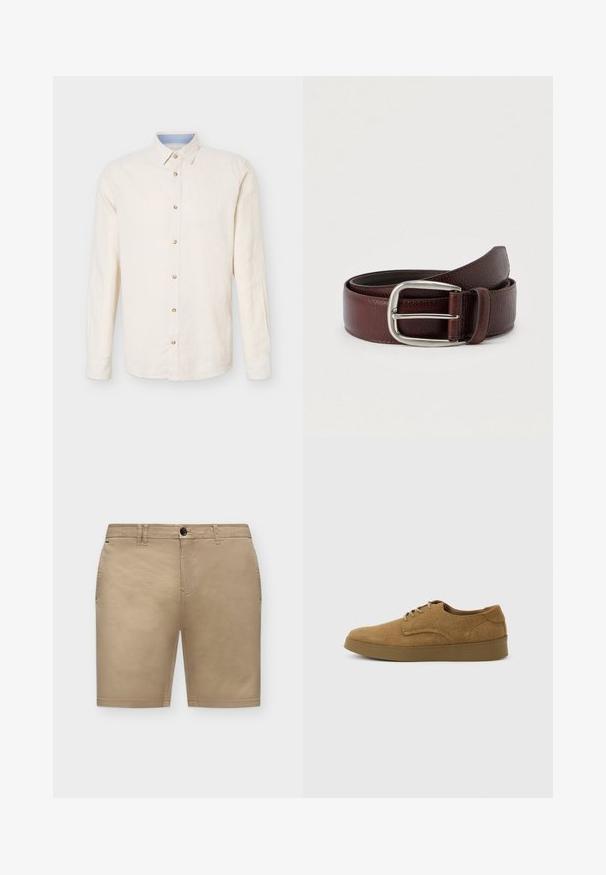 Chemise beige à manches longues avec boutons, col pointu, sept boutons visibles et un détail intérieur du col bleu clair.; Short beige longueur genou avec passants de ceinture, bouton sur le devant et fermeture éclair sur fond clair uni.; Chaussure décontractée à lacets en daim marron avec semelle en caoutchouc plate, vue de côté sur un fond clair uni.; Ceinture en cuir marron avec une finition texturée, dotée d'une boucle en métal argenté et d'une seule boucle de réglage. Motif tissé près de la boucle.