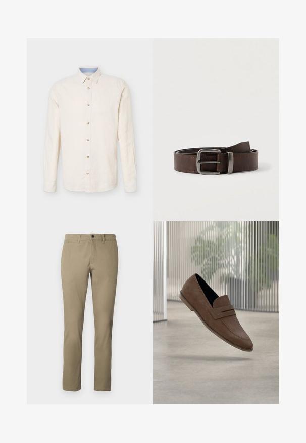 Chemise beige à manches longues avec boutons, col pointu, sept boutons visibles et un détail intérieur du col bleu clair.; Chinos kaki en mélange de coton, avec une coupe droite, une taille standard avec fermeture à bouton et des poches latérales.; Mocassins en daim marron avec une finition lisse, des détails cousus, et un design à bout rond. Semelle surélevée et style sans lacets.; Ceinture en cuir marron foncé avec une boucle rectangulaire en argent, enroulée et placée sur un fond clair et neutre.