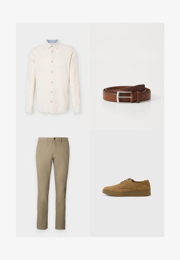 Chemise beige à manches longues avec boutons, col pointu, sept boutons visibles et un détail intérieur du col bleu clair.; Chinos kaki en mélange de coton, avec une coupe droite, une taille standard avec fermeture à bouton et des poches latérales.; Chaussure décontractée à lacets en daim marron avec semelle en caoutchouc plate, vue de côté sur un fond clair uni.; Ceinture en cuir brun au fini lisse, avec une boucle en métal argenté et une couture subtile le long des bords. Design classique et durable.