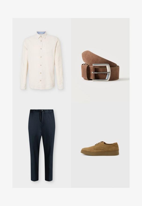 Chemise beige à manches longues avec boutons, col pointu, sept boutons visibles et un détail intérieur du col bleu clair.; Pantalon slim bleu foncé avec taille à cordon, passants de ceinture et fermeture par bouton sur fond uni.; Chaussure décontractée à lacets en daim marron avec semelle en caoutchouc plate, vue de côté sur un fond clair uni.; Ceinture en daim marron roulée avec une boucle rectangulaire en métal argenté sur un fond clair uni.