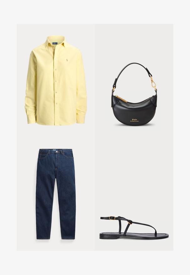 Langærmet gul skjorte med knapper, krave og lille broderet logo på venstre bryst.; Mørkeblå denimjeans med fem lommer, knaplukning og lige ben, lagt fladt på en hvid baggrund.; Sort flad sandal med et minimalistisk design. Har tynde stropper, en tæerem, guldhardware og en glat, tekstureret sål.; Sort læderhåndtaske med en buet silhuet, metallynlås og et kort håndtag. Er udstyret med guldfarvet hardware og prægede detaljer med logoet foran.