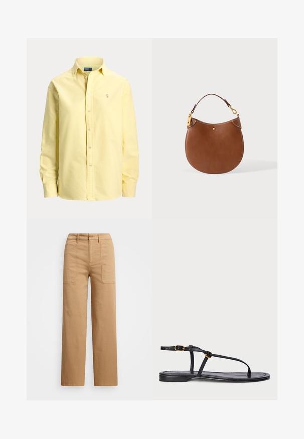 Camisa amarilla de manga larga con botones, cuello y pequeño logo bordado en el pecho izquierdo.; Pantalones de algodón beige con pierna recta, que cuentan con un cierre de botón, bolsillos frontales y detalles de costura visibles.; Sandalia plana negra con un diseño minimalista. Presenta tiras delgadas, un separador de dedos, acentos de hardware dorado y una suela suave y texturizada.; Bolso de cuero marrón con fondo redondeado, una asa corta, y detalles en tono dorado en la cremallera y el botón sobre fondo liso.