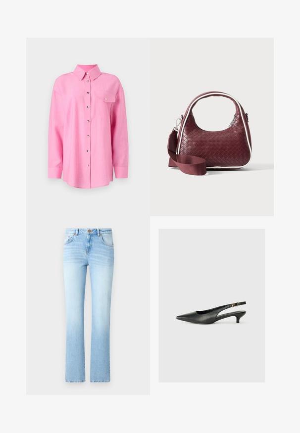 Paarse linnen shirt met een kraag, lange mouwen, een knoopsluiting aan de voorkant en een enkele borstzak. Bevat metalen knopen en een gebogen zoom.; Lichtblauwe denim jeans met een uitlopende silhouette, voorzien van een knoopsluiting, vijf zakken en een lichte vervaging.; Zwarte puntschoen met slingback van soepel leer. Kenmerkt zich door een dunne hak en een gespdetail op de verstelbare band.; Donkerrode geweven leren handtas met gebogen handvat, witte bies, zilveren rits en afneembare brede stoffen schouderriem tegen een effen achtergrond.