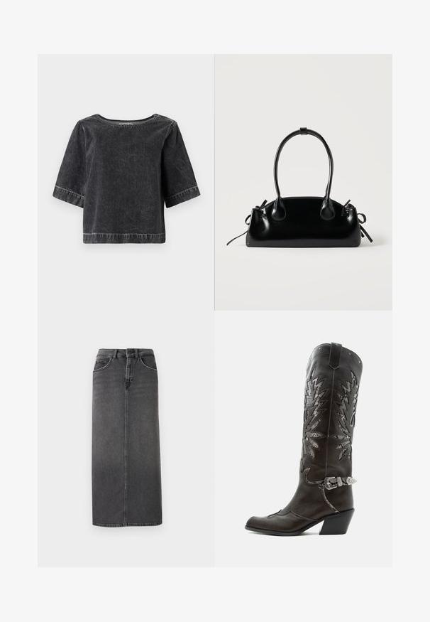 Must mustre top lühikeste varrukatega, ümmarguse kaelusega ja veidi lõdva fitsiga. Omab nähtavat õmblust ja tekstureeritud viimistlust.; Hallhalli denim midi seelik, sirge lõikega, viie taskuga ja vöökandidega. Esipool on nööbiga kinni ja sellel on minimaalne õmblusdisain.; Mustast nahast kameelisaap kaunistavate lõigetega, hõbedase pandla ja kaldu kannaosaga, valgel taustal.; Väike must läikiv käekott kahe pika sangaga ja külgedel paelakinnitustega, ühel lihtsal helel taustal.