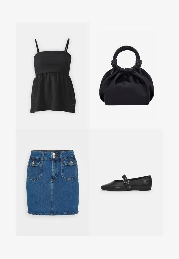 Čierny peplum top vyrobený z textúrovanej tkaniny, s nastaviteľnými ramienkami a priliehavým telom, ktoré sa pri páse rozširuje.; Džínová mini sukňa, tmavomodrá, má vysoký pás s dvoma prednými gombíkmi, dizajn s piatimi vreckami a kontrastný šev pozdĺž lemu.; Čierna kožená plochá obuv s okrúhlym nosom, jedným nastaviteľným pásikom so sponou a hladkým, lesklým povrchom. Minimalistický dizajn s nízkym podpätkom.; Čierna mäkká látková kabelka so zbieraným vrchom a okrúhlymi vyvložkovanými rukoväťami zviazanými uzlami na každej strane.