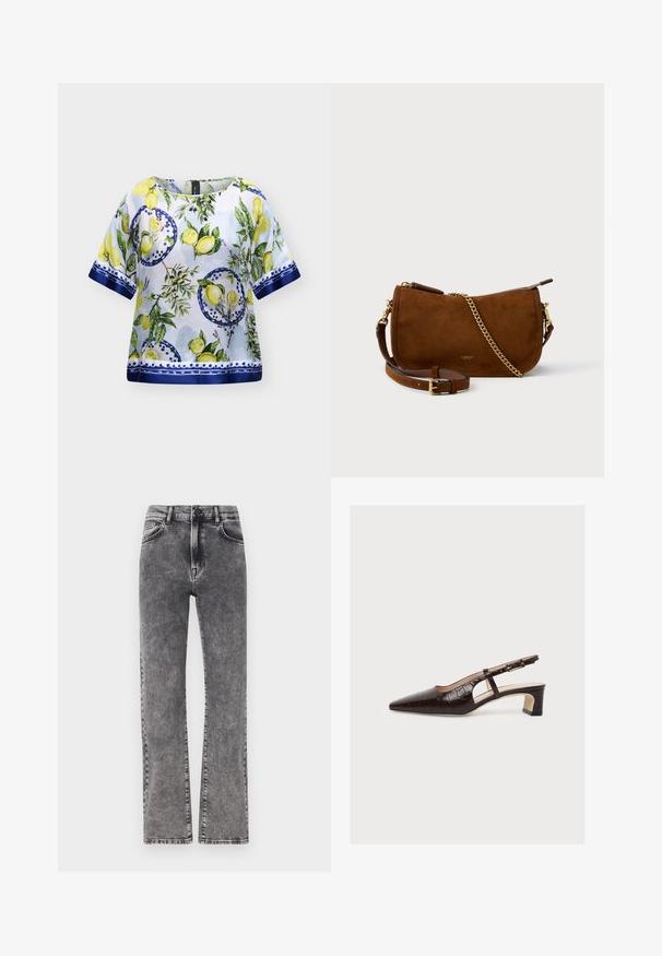 Blusa blanca de manga corta con ribete azul y un estampado de limones, rodajas de limón, hojas verdes y círculos decorativos azules.; Jeans de denim gris de talle alto con un diseño de pierna recta, que presentan un ligero efecto de desgaste y un estilo de cinco bolsillos estándar.; Zapato slingback marrón de punta afilada con tacón bajo y ancho, estampado de cocodrilo, corte lateral y correa ajustable con hebilla, mostrado sobre fondo blanco.; Bolso cruzado de ante marrón con un acabado texturizado, un acento de cadena dorada y una correa de cuero ajustable. Cuenta con un cierre de cremallera.