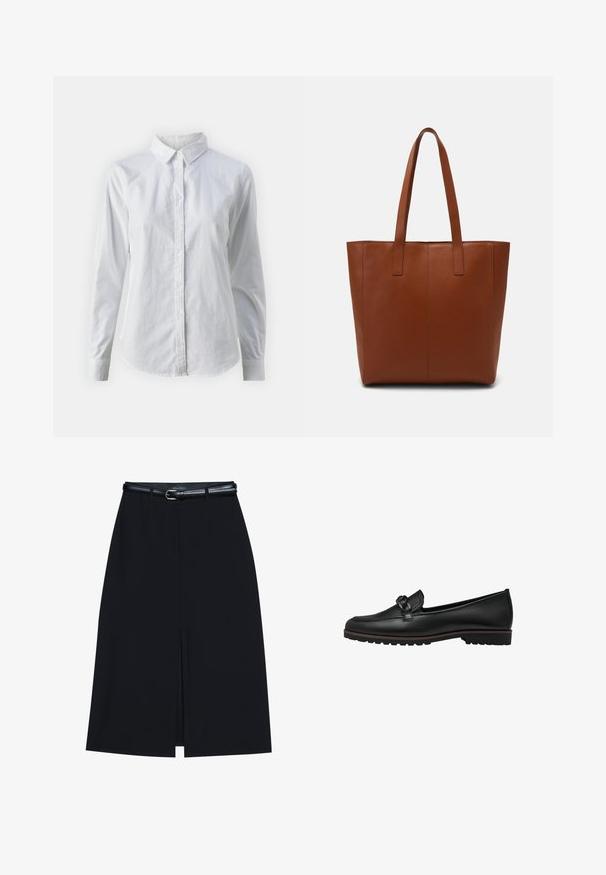 Camisa blanca de botones hecha de algodón suave, con un cuello clásico, mangas largas y un dobladillo curvado. Los botones son pequeños y blancos.; Falda negra hasta la rodilla con una abertura en la parte delantera, hecha de tejido suave. Presenta un delgado cinturón negro con una hebilla plateada y pasadores para el cinturón.; Mocasines de cuero negro con un acento trenzado en la parte delantera, suela de goma plana y detalles de costura a lo largo del borde.; Bolsa de tote de cuero marrón con una textura suave, con detalles de costura vertical y dos asas planas. Diseño de apertura en la parte superior, interior espacioso.