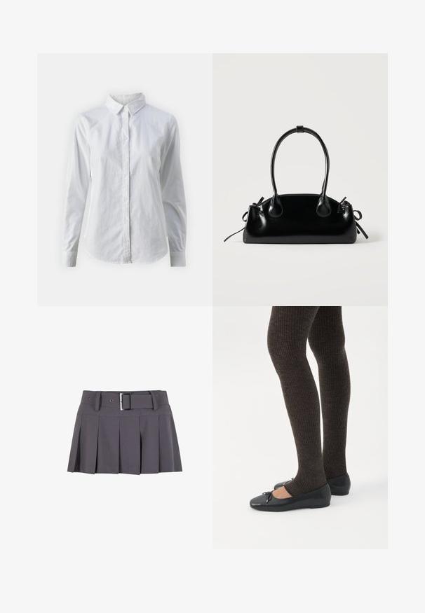 Hvid skjorte med knapper lavet af glat bomuld, der har en klassisk krave, lange ærmer og en buet kant. Knapperne er små og hvide.; Grå plisseret mini skirt med en glat tekstur, der har en bred taljeafsnit, bæltestropper og en rektangulær sølvspænde detalje.; Ben iført mørke ribbede leggings kombineret med sorte balletsko med små sløjfedetaljer på hvid baggrund.; Lille sort blank håndtaske med to lange håndtag og snøre-detaljer i siden på en ensfarvet lys baggrund.