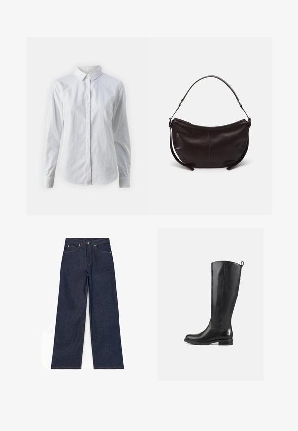 Chemise blanche à manches longues en coton lisse, dotée d'un col classique et d'un ourlet arrondi. Les boutons sont petits et blancs.; Jean denim bleu foncé à jambes larges avec bouton à l'avant, fermeture éclair et poches avant et arrière, présenté à plat sur fond blanc.; Bottes en cuir noir jusqu'au genou avec une finition lisse, bout rond, talon bas et une languette à l'arrière. Design minimaliste sans motifs visibles.; Sac à épaule en cuir marron foncé avec une forme courbe, texture lisse et une seule sangle réglable. Doté d'une fermeture éclair.