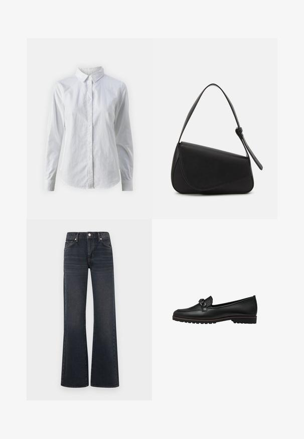 Witte overhemd met knopen van glad katoen, met een klassieke kraag, lange mouwen en een afgeronde zoom. De knopen zijn klein en wit.; Donkerblauwe uitlopende spijkerbroek gemaakt van denim, met een hoge taille, voorzakken, riemlussen en een zichtbare metalen knop als sluiting.; Zwarte leren instapschoenen met een gevlochten accent voorop, vlakke rubberen zool en gestikte details langs de rand.; Zwart leren handtas met een driehoekige vorm, schuine klep en een ronde handgreep. Heeft een gladde textuur en minimalistische ontwerpelementen.