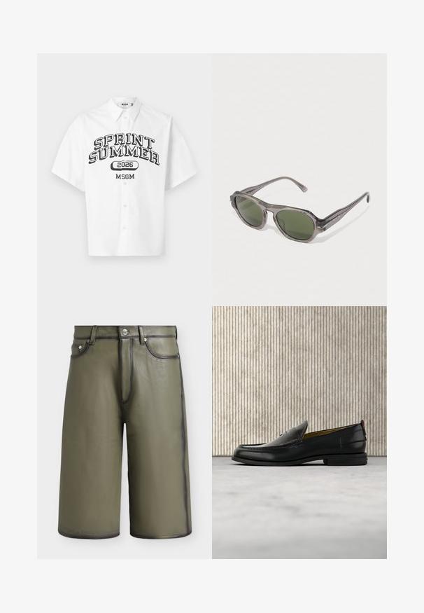 Chemise blanche à manches courtes avec boutons, imprimée de "SPRINT SUMMER 2026" et "MSGM" en noir sur le devant.; Shorts en cuir vert olive longueur genou avec coutures noires, passants pour ceinture, poches avant et fermeture par bouton à la taille.; Mocassin pour homme en cuir noir avec un dessus embossé effet croco et un petit talon, présenté de profil sur un fond neutre.; Lunettes de soleil grises translucides avec verres verts, de forme arrondie et branches élégantes dotées de détails de marque gravés.