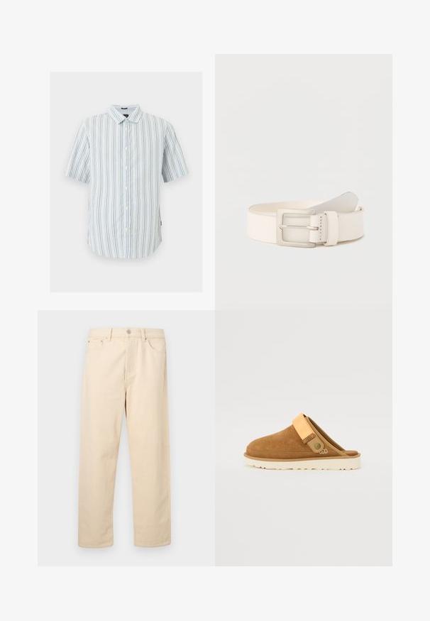 Chemise à manches courtes avec boutons, rayures verticales blanches et bleu clair, col évasé et boutons blancs sur le devant.; Jean beige à coupe droite avec fermeture à bouton et glissière, passants pour ceinture et poches avant sur un fond uni.; Sabots en suède marron à enfiler avec une sangle orange clair et une semelle beige texturée. Dotés d'un bout rond et d'un détail de bouton sur le côté.; Ceinture en cuir couleur crème avec une boucle rectangulaire en argent, enroulée avec l'extrémité glissée sous la passante.