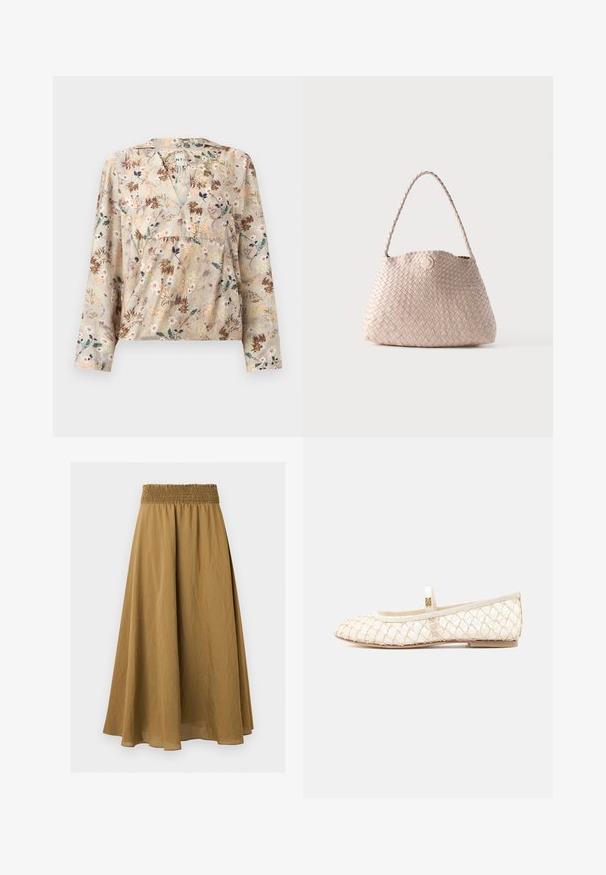 Blouse fleurie en tissu beige clair, avec un décolleté en V profond, des manches longues et une taille froncée. Le design comprend des motifs floraux multicolores.; Jupe midi marron trapèze avec taille élastique froncée et tissu léger texturé sur fond uni.; Ballerines blanches avec une superposition en tissu mesh, une semelle plate, et une délicate bride sur le cou-de-pied, ornées de subtils accents métalliques.; Sac d'épaule en cuir tissé beige avec une forme arrondie et une anse tressée, doté d'une petite fermeture à bouton en cuir circulaire.