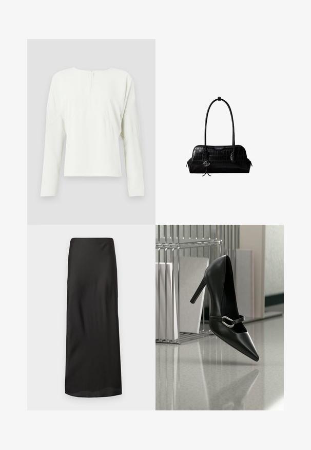 Witte langemouwen top met een ronde hals en een rits aan de achterkant. Heeft een losse pasvorm en subtiele naaddetails, gemaakt van een soepele stof.; Zwarte maxi rok van glad, lichtgewicht stof. Heeft een rechte silhouet met een elastische tailleband en geen zichtbare patronen of versieringen.; Zwarte puntige hoge hak met een zilveren gesp, geplaatst op een reflecterend oppervlak naast een metalen bestandhouder met papieren.; Zwarte schoudertas van leer met krokodillenstructuur, lange banden en een klein zilveren logohanger aan één band.