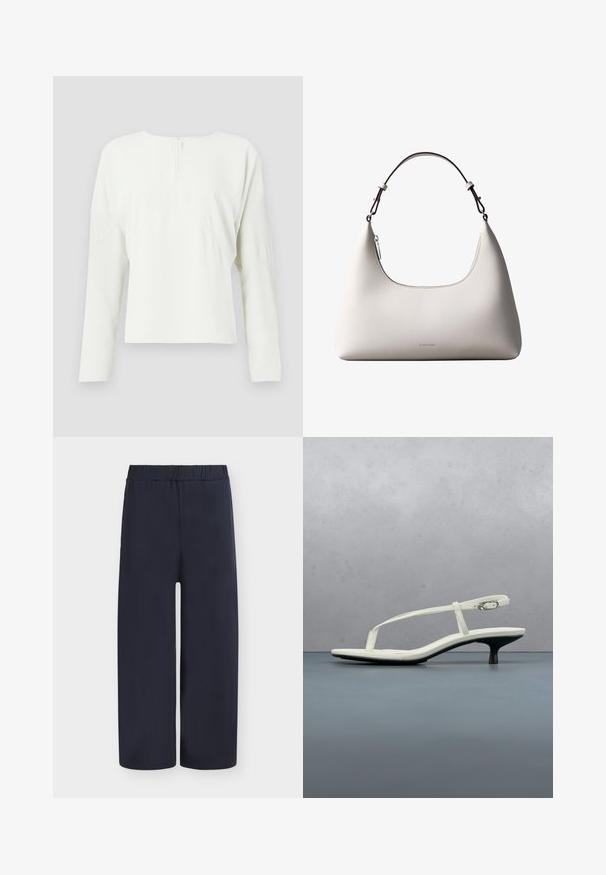 Blusa blanca de manga larga con cuello redondo y cremallera en la parte posterior. Presenta un corte holgado y detalles de costura sutiles, fabricada en una tela suave.; Pantalones de pierna ancha color azul marino, con una textura suave y cintura elástica. Presentan un corte holgado y un diseño de pierna recta. Sin detalles adicionales.; Sandalia blanca de tacón kitten con tiras y punta afilada, flotando sobre un suelo de baldosas de madera al aire libre, con un fondo desenfocado de plantas y pared.; Bolso de hombro de cuero color crema de Calvin Klein con borde superior curvado, cremallera plateada y correa ajustable marrón oscuro.