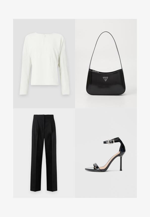 Haut à manches longues blanc avec un col rond et une fermeture éclair au dos. Présente une coupe décontractée et des détails de couture subtils, fabriqué à partir d'un tissu lisse.; Pantalon noir en tissu tissé, avec une coupe sur mesure, des plis, une jambe droite et un devant plat. Texture durable et lisse.; Sandale à talon haut en cuir verni noir avec bride à la cheville. Présente un design minimaliste, un bout ouvert et une boucle ornée de strass.; Sac à épaule en cuir verni noir avec une forme incurvée, présentant un logo triangle en argent et une fermeture éclair. Texture lisse et bandoulière fine.