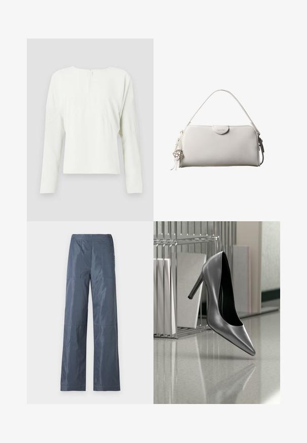 Haut à manches longues blanc avec un col rond et une fermeture éclair au dos. Présente une coupe décontractée et des détails de couture subtils, fabriqué à partir d'un tissu lisse.; Pantalons à jambes larges en gris foncé, en tissu lisse. Comprend deux poches avant et des détails cousus le long des coutures.; Chaussure noire à talon haut suspendue en l'air devant un classeur métallique avec des dossiers sur une surface polie.; Sac à main rectangulaire blanc Calvin Klein avec une seule poignée, design minimaliste et pampilles décoratives avec un charm métallique géométrique sur le côté.