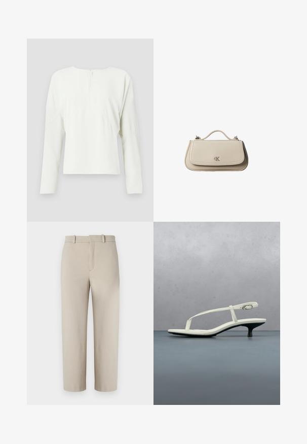 Haut à manches longues blanc avec un col rond et une fermeture éclair au dos. Présente une coupe décontractée et des détails de couture subtils, fabriqué à partir d'un tissu lisse.; Pantalons beiges coupés, design ajusté, devant plat avec fermeture éclair dissimulée, deux poches latérales, fabriqués en tissu en coton mélangé lisse.; Sandale blanche à talon kitten avec des lanières et un bout pointu, flottant au-dessus d'un sol en carrelage en bois en plein air avec un arrière-plan flou de plante et de mur.; Petit sac à main en cuir beige avec poignée supérieure et logo CK argenté sur le rabat avant, présenté sur fond blanc.