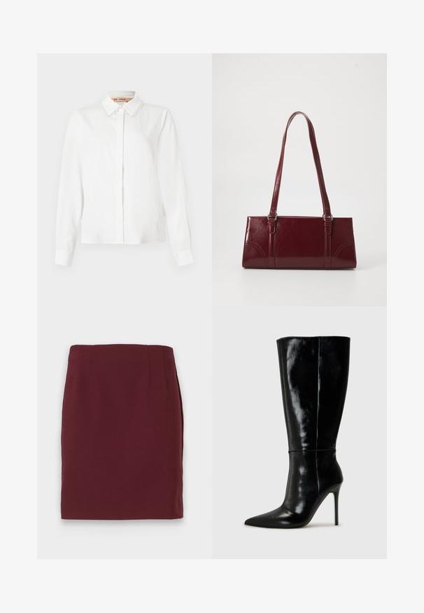 Witte blouse met lange mouwen en een kraag versierd met parels, verborgen knopen aan de voorkant en gepaste manchetten op een effen achtergrond.; Bordeaux knie-lange kokerrok met een soepele textuur en subtiele naaddetails bij de taille, weergegeven op een witte achtergrond.; Zwarte leren kniehoge laarzen met een spitse neus en hoge stiletto hak. Soepele textuur en strak ontwerp, met minimale detailing.; Bourgondische handtas van glanzend materiaal, rechthoekige vorm, met twee schouderbanden en subtiele gebogen accenten aan de voorkant.