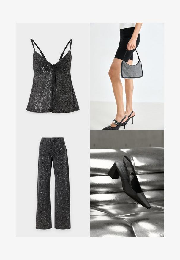 Mustast läikivatest helmestest kaetud õhukeste rihmade ja esiosas nööriga must särk, esitletud ühtlasel heledal taustal.; Noisy May Rhinestone - Avar lõikega teksad - black denim; Mustad sling-tagant rihmikoonik terava varbaosaga, millel on tekstuurse pinnaga ja jäme plokkkonts. Asetatud läikiva, metallilise tausta kohale.; Mustmust mustraha mustone, millel on kõver siluett, kandmisvõime ja läikiv tekstuur. Kandmine kõrgete kontsadega mustade kingade ja istuvate mustade lühikesed pükstega.